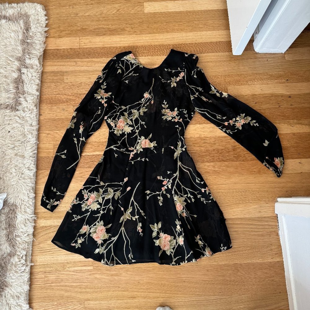 Reformation Black Floral Rosaline Long Sleeve Dress (Size 4)